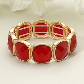Round Square Faceted Gemstone Frame Beaded Stretch Bracelet
