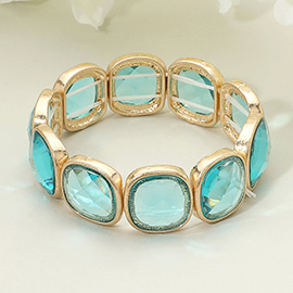 Round Square Faceted Gemstone Frame Beaded Stretch Bracelet