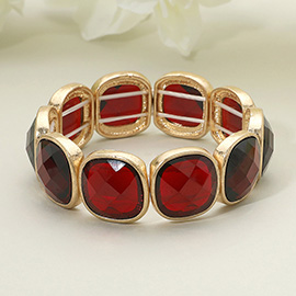Round Square Faceted Gemstone Frame Beaded Stretch Bracelet