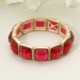 Square Faceted Gemstone Frame Beaded Stretch Bracelet