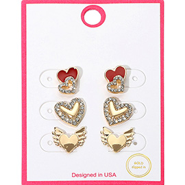 3Pairs - Gold Dipped Rhinestone Accent Heart Stud Earring Set