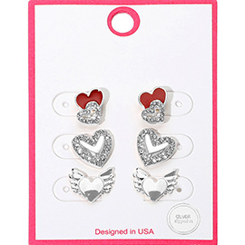 3Pairs - Silver Dipped Rhinestone Accent Heart Stud Earring Set