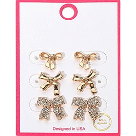 3Pairs - Gold Dipped Rhinestone Detail Bow Stud Earring Set