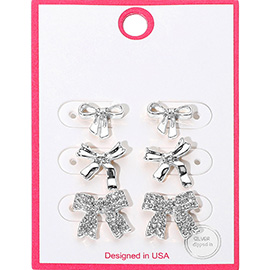 3Pairs - Silver Dipped Rhinestone Detail Bow Stud Earring Set
