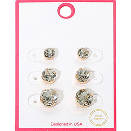 3Pairs - Gold Dipped Graduated Size Crystal Stud Earring Set