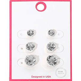 3Pairs - Silver Dipped Graduated Size Crystal Stud Earring Set