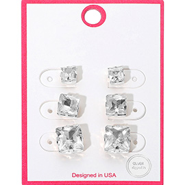 3Pairs - Silver Dipped Graduated Size Square Crystal Stud Earring Set