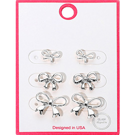 3Pairs - Silver Dipped Graduated Size Metal Bow Stud Earring Set