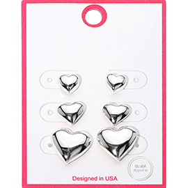 3Pairs - Silver Dipped Graduated Size Metal Puffy Heart Stud Earrings