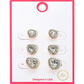 3Pairs - Gold Dipped Graduated Size Crystal Heart Stud Earring Set