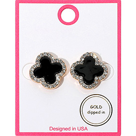 Gold Dipped Rhinestone Rim Quatrefoil Stud Earrings