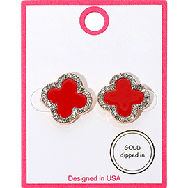 Gold Dipped Rhinestone Rim Quatrefoil Stud Earrings