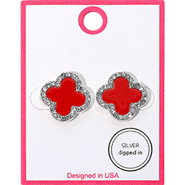 Silver Dipped Rhinestone Rim Quatrefoil Stud Earrings