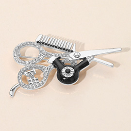 Rhinestone Embellished Hairdresser Tools Pin Brooch