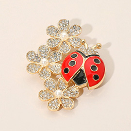 Stone Paved Triple Floral Whimsical Ladybug Pin Brooch