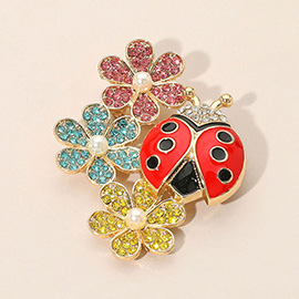 Stone Paved Triple Floral Whimsical Ladybug Pin Brooch