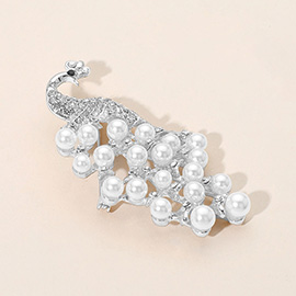 Graceful Pearl Embellished Peacock Pin Brooch