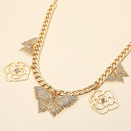 Rhinestone Paved Butterfly Flower Charm Station Statement Necklace