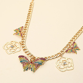 Rhinestone Paved Butterfly Flower Charm Station Statement Necklace
