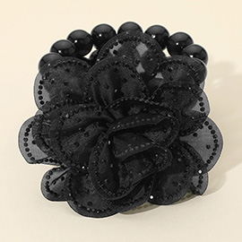 Bling Studded Fabric Flower Statement Faux Pearl Beaded Stretch Bracelet