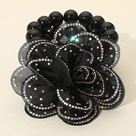 Bling Studded Fabric Flower Statement Faux Pearl Beaded Stretch Bracelet