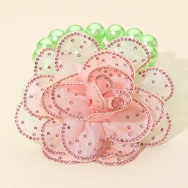 Bling Studded Fabric Flower Statement Faux Pearl Beaded Stretch Bracelet