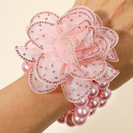 Bling Studded Fabric Flower Statement Faux Pearl Beaded Stretch Bracelet
