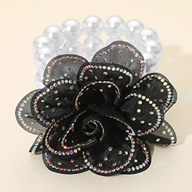 Bling Studded Fabric Flower Statement Faux Pearl Beaded Stretch Bracelet