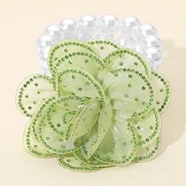 Bling Studded Fabric Flower Statement Faux Pearl Beaded Stretch Bracelet