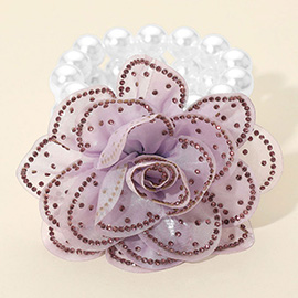 Bling Studded Fabric Flower Statement Faux Pearl Beaded Stretch Bracelet