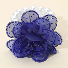 Bling Studded Fabric Flower Statement Faux Pearl Beaded Stretch Bracelet