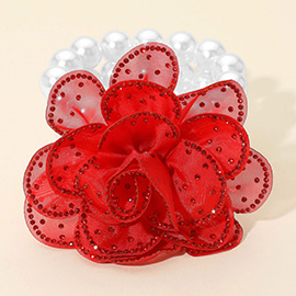 Bling Studded Fabric Flower Statement Faux Pearl Beaded Stretch Bracelet