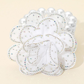Bling Studded Fabric Flower Statement Faux Pearl Beaded Stretch Bracelet