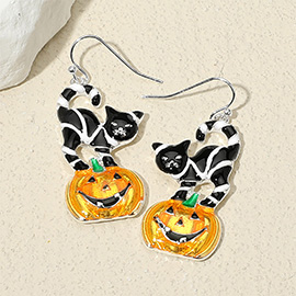 Enamel Halloween Pumpkin Black Cat Dangle Earrings