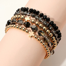 5PCS - Metal Cross Accent Faceted Beaded Stretch Multi Layered Bracelets