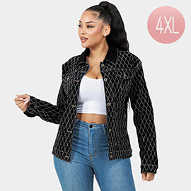 Diamond-Stitched Velvet Button-Up Denim Jacket