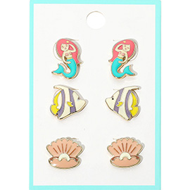 3Pairs - Mermaid Fish Seashell Stud Earring Set
