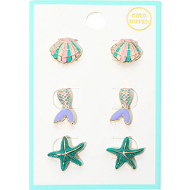3Pairs - Gold Dipped Shell Mermaid Starfish Stud Earring Set