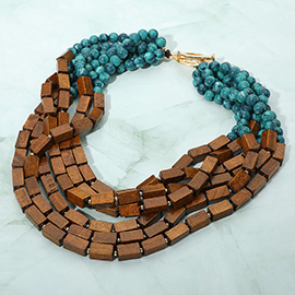 Bold Layered Rectangular Wood Marble Ball Beaded Statement Necklace