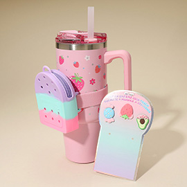 HOT FOCUS - Stainless Steel Strawberry Pattern Tumbler with Charm Coin Bag