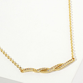 Gold Dipped CZ Stone Paved Twisted Bar Accent Necklace