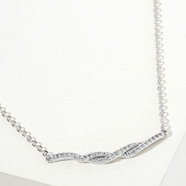 White Gold Dipped CZ Stone Paved Twisted Bar Accent Necklace