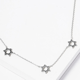 White Gold Dipped Star of David Trio Charm Link Necklace