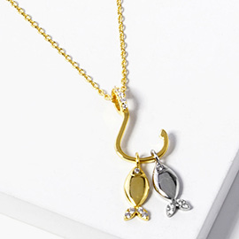 Gold Dipped CZ Stone Paved Hook Double Fish Pendant Necklace