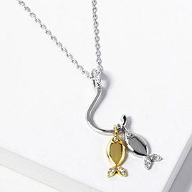 White Gold Dipped CZ Stone Paved Hook Double Fish Pendant Necklace
