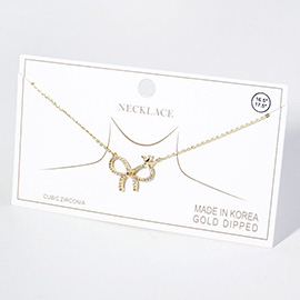 Gold Dipped CZ Stone Paved Bow Pendant Necklace