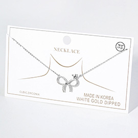 White Gold Dipped CZ Stone Paved Bow Pendant Necklace