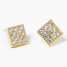 Gold Dipped CZ Stone Paved Square Mini Stud Earrings