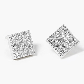 White Gold Dipped CZ Stone Paved Square Mini Stud Earrings