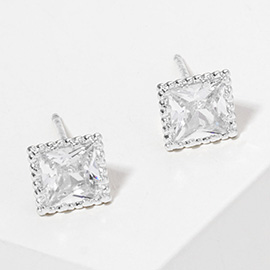 White Gold Dipped Princess Cut Square CZ Stone Mini Stud Earrings